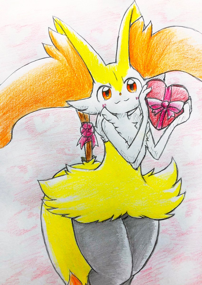 ambiguous_gender anthro blush blush_lines box_of_chocolates candy chocolate dessert featureless_crotch food fur holding_object holidays inner_ear_fluff looking_at_viewer orange_body orange_eyes orange_fur simple_background solo stick tuft white_body white_fur yellow_body yellow_fur eiroru nintendo pokemon valentine's_day braixen canid canine generation_6_pokemon mammal pokemon_(species) 2021 graphite_(artwork) hi_res traditional_media_(artwork)