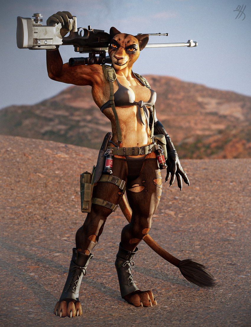 4_toes 5_fingers abs anthro athletic athletic_female bikini boots clothing combat_boots desert digitigrade feet female fingers footwear fur gun holidays legwear muscular orange_body orange_eyes orange_fur pantyhose ranged_weapon rifle shoes sniper_rifle solo swimwear toes two-piece_swimsuit weapon thirteeenth halloween konami metal_gear jorie_(thirteeenth) quiet_(metal_gear) felid lion mammal pantherine 3d_(artwork) digital_media_(artwork) hi_res