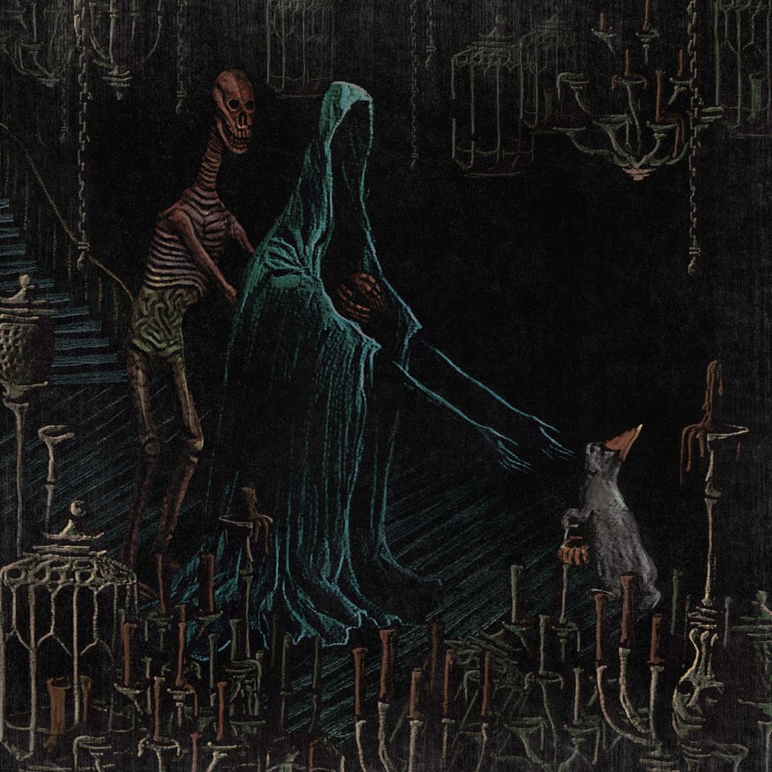 ambiguous_gender bone cage candelabra candle chain cloak clothing detailed_background feral group hat headgear headwear horror_(theme) semi-anthro skeleton skull standing surrealism teeth text plastiboo animated_skeleton domestic_cat felid feline felis humanoid mammal undead 1:1 english_text hi_res