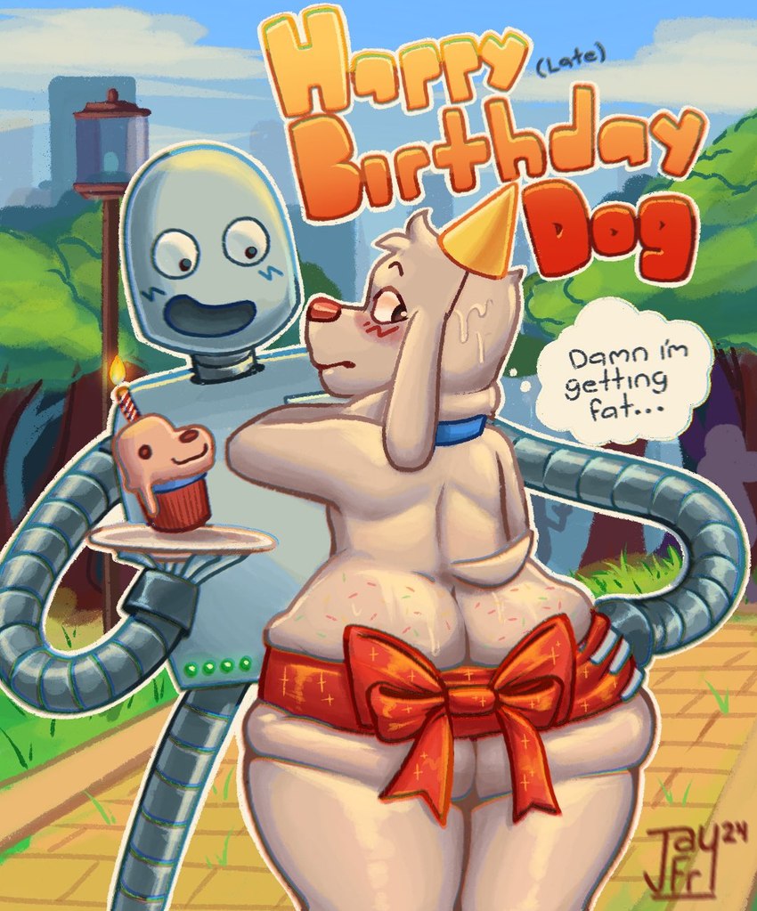 anthro big_butt birthday blush butt clothing collar cupcake duo food hat headgear headwear machine male outside party_hat ribbons text jayfr_f robot_dreams dog_(robot_dreams) robot_(robot_dreams) canid canine canis domestic_dog mammal robot english_text hi_res