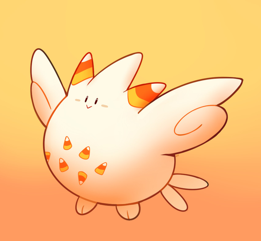 ambiguous_gender black_eyes blush candy candy_corn candy_corn_pattern dessert feral food fur holidays horn orange_background overweight simple_background smile solo white_body white_fur wings happycrumble halloween nintendo pokemon generation_4_pokemon pokemon_(species) togekiss