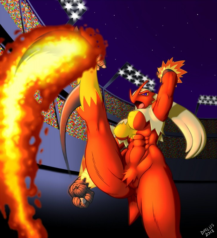 abs anthro big_breasts breasts female fire genitals muscular muscular_anthro muscular_female naturally_censored nipple_tuft non-mammal_breasts open_mouth purple_eyes pussy solo tuft dalus nintendo pokemon avian bird blaziken generation_3_pokemon pokemon_(species) 2012