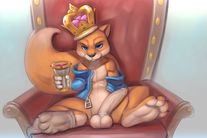 4_fingers 4_toes anthro balls barefoot bedroom_eyes big_penis blue_eyes bottomless chair clothed clothing container crown cup dipstick_tail erection feet fingers fluffy fluffy_tail foot_fetish foot_focus footwear foreskin fur furniture genitals goblet headgear hindpaw humanoid_genitalia humanoid_penis looking_at_viewer male markings narrowed_eyes one_sock open_clothing open_shirt open_topwear orange_body orange_fur paws penis royalty seductive shirt sitting socks soles solo tail tail_markings tan_body tan_fur throne toes topwear dreiker conker's_bad_fur_day rareware conker mammal rodent sciurid tree_squirrel 3:2 hi_res