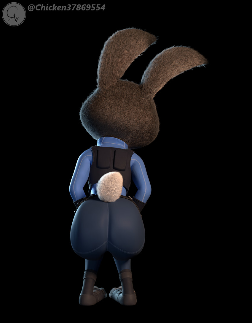 anthro butt clothed clothing female fur police police_uniform rear_view simple_background solo toeless_legwear uniform chickenass disney zootopia judy_hopps lagomorph leporid mammal rabbit 3d_(artwork) digital_media_(artwork) hi_res