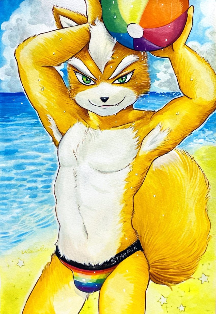 anthro armpit_hair ball beach beach_ball body_hair bulge clothing countershade_fur countershading fluffy fluffy_tail fur glistening glistening_eyes green_eyes holding_beach_ball inflatable lgbt_pride looking_at_viewer male navel orange_body orange_fur outside pride_color_clothing pride_colors sea seaside seductive slim smile smiling_at_viewer smug solo speedo standing star swimwear tail water white_body white_countershading white_fur ulala_ko nintendo star_fox fox_mccloud canid canine fox mammal hi_res traditional_media_(artwork)