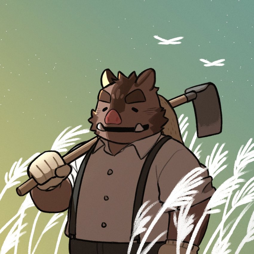 anthro biped bottomwear brown_body clothing eyes_closed farmer hat headgear headwear kemono male outside pants shirt slightly_chubby solo straw_hat suspenders topwear pteragon knights_college hermann_(knights_college) mammal suid suina sus_(pig) wild_boar 1:1 2024