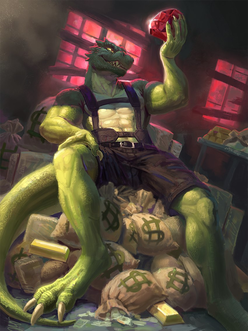 3_toes abs anthro bag barefoot belt biped bottomwear claws clothed clothing detailed_background feet gem gold_bar green_body green_scales harness horn inside male money muscular muscular_anthro muscular_male reclining ruby_(gem) scales shorts sitting smile solo tail teeth toe_claws toes warehouse yellow_sclera spectrumshift lizard reptile scalie