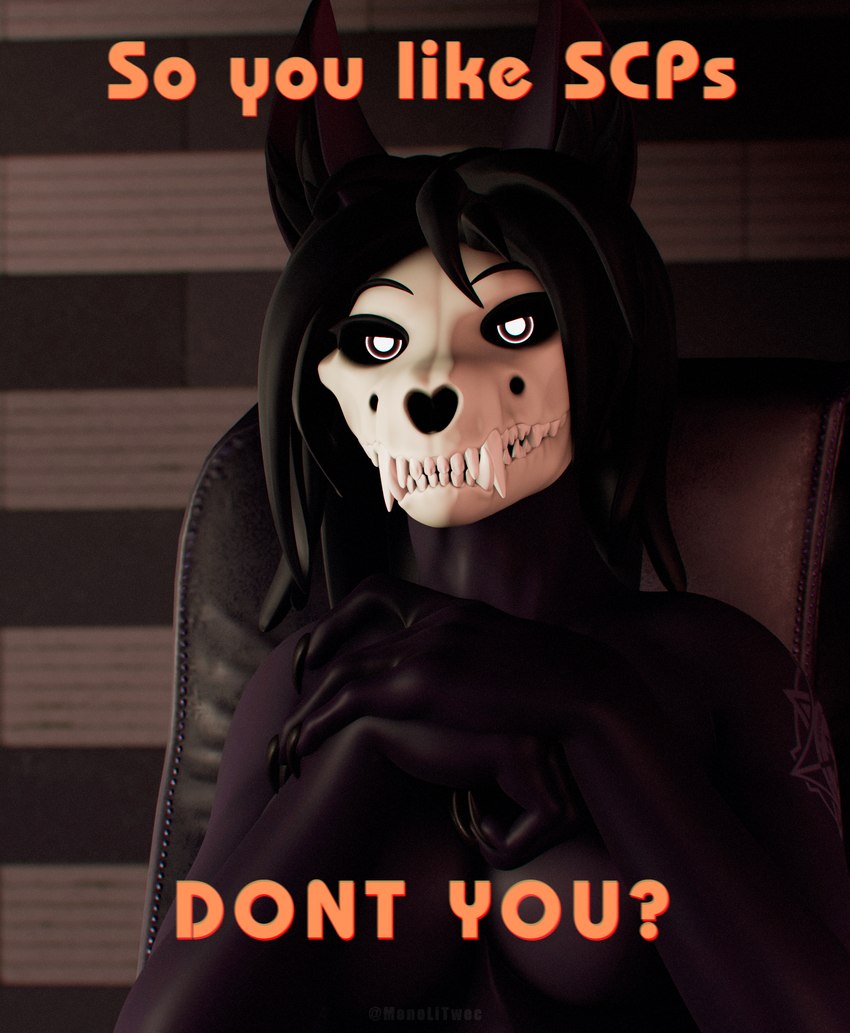 anthro black_body black_hair black_sclera bone clasped_hands female glowing glowing_eyes hair looking_at_viewer narrowed_eyes skull skull_head solo text white_eyes monolitwec scp_foundation mal0 scp-1471-a scp-1471-a_(monolitwec) malo 3d_(artwork) digital_media_(artwork) english_text hi_res