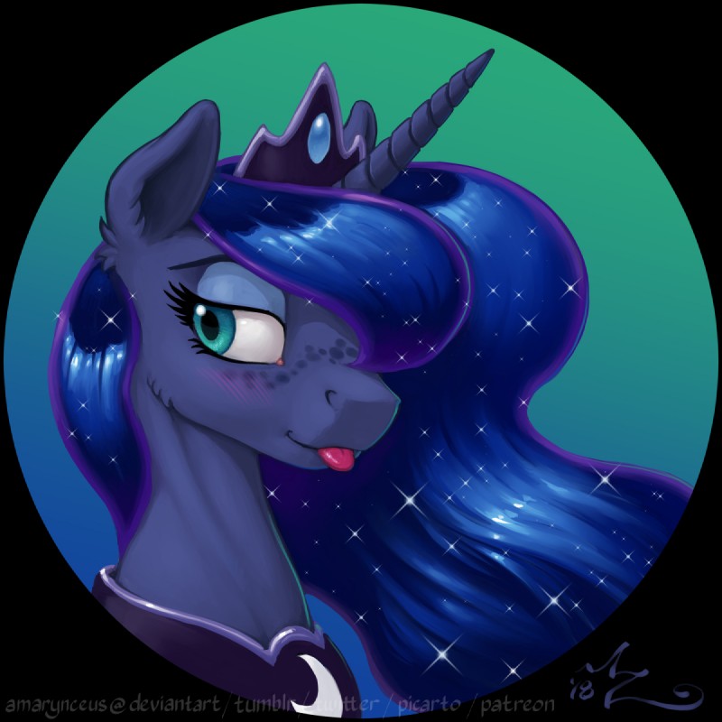 blue_body blue_eyes blue_fur blue_hair blush crown female feral freckles fur hair headgear horn smile solo tongue tongue_out amarynceus friendship_is_magic hasbro my_little_pony mythology princess_luna_(mlp) equid equine mammal mythological_creature mythological_equine unicorn 1:1 bust_portrait hi_res portrait