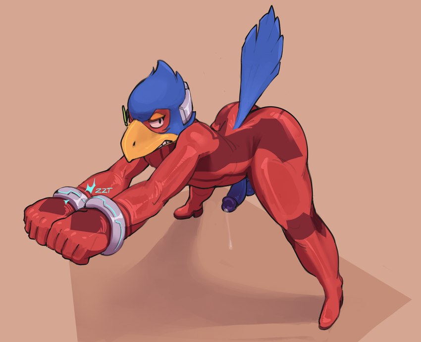 anthro arched_back balls beak bent_over blue_body blue_feathers bodily_fluids bodysuit butt clothed clothing cuff_(restraint) dripping erection feathers genital_fluids genitals handcuffs humanoid_genitalia humanoid_penis latex male metal_cuffs penis precum precum_drip red_bodysuit red_clothing red_skinsuit restraints skinsuit solo tight_clothing zero_suit unsavoryimpcat metroid nintendo star_fox falco_lombardi avian hi_res