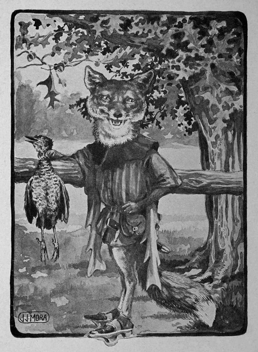 4_toes ambiguous_gender anthro beak biped clothed clothing dipstick_tail duo feet feral footwear hand_on_hip male markings multicolored_tail neck_grab nude open_beak open_mouth outside plant shirt standing tail tail_markings text toes topwear tree tunic joseph_jacinto_mora public_domain reynard_the_fox avian bird canid canine fox mammal red_fox true_fox 1920 20th_century ancient_art greyscale hi_res monochrome signature traditional_media_(artwork)