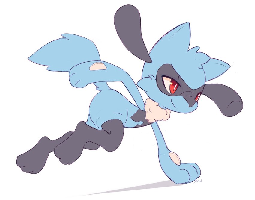 ambiguous_gender anthro black_body black_fur blue_body blue_fur fur neck_tuft red_eyes simple_background solo tuft white_background ancesra nintendo pokemon canid canine generation_4_pokemon mammal pokemon_(species) riolu 2024