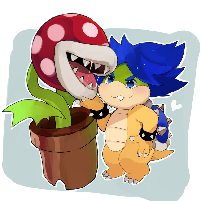 anthro blue_hair blush bodily_fluids bracelet buckteeth drooling hair heart_symbol jewelry lips male plant plant_pot potted_plant saliva shell spiked_bracelet spiked_shell spikes spikes_(anatomy) teeth thick_lips tongue zeso mario_bros nintendo koopaling ludwig_von_koopa elemental_creature flora_fauna piranha_plant 1:1 hi_res