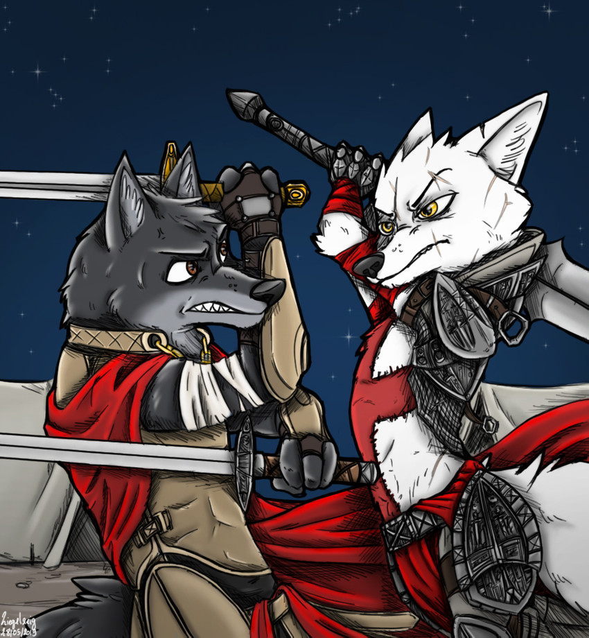 4_fingers anthro black_body black_fur blade brown_eyes duel duo fantasy fight fingers fur male medieval melee_weapon sword weapon white_body white_fur yellow_eyes ziegelzeig dante's_inferno dante_alighieri fan_character arctic_fox canid canine canis fox mammal true_fox wolf