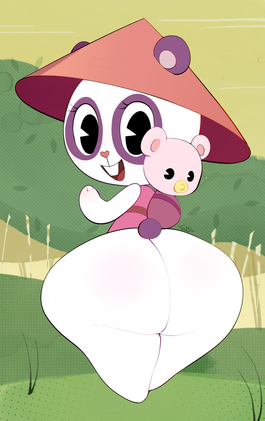 anthro baby big_butt black_eyes butt clothed clothing duo female grass hat headgear headwear heart_nose heart_symbol huge_butt object_in_mouth outside pacifier pacifier_in_mouth partially_clothed plant smile tail teeth thick_thighs white_body young mu_(artist) happy_tree_friends panda_baby_(htf) panda_mom_(htf) bear giant_panda mammal absurd_res hi_res adult_(lore)