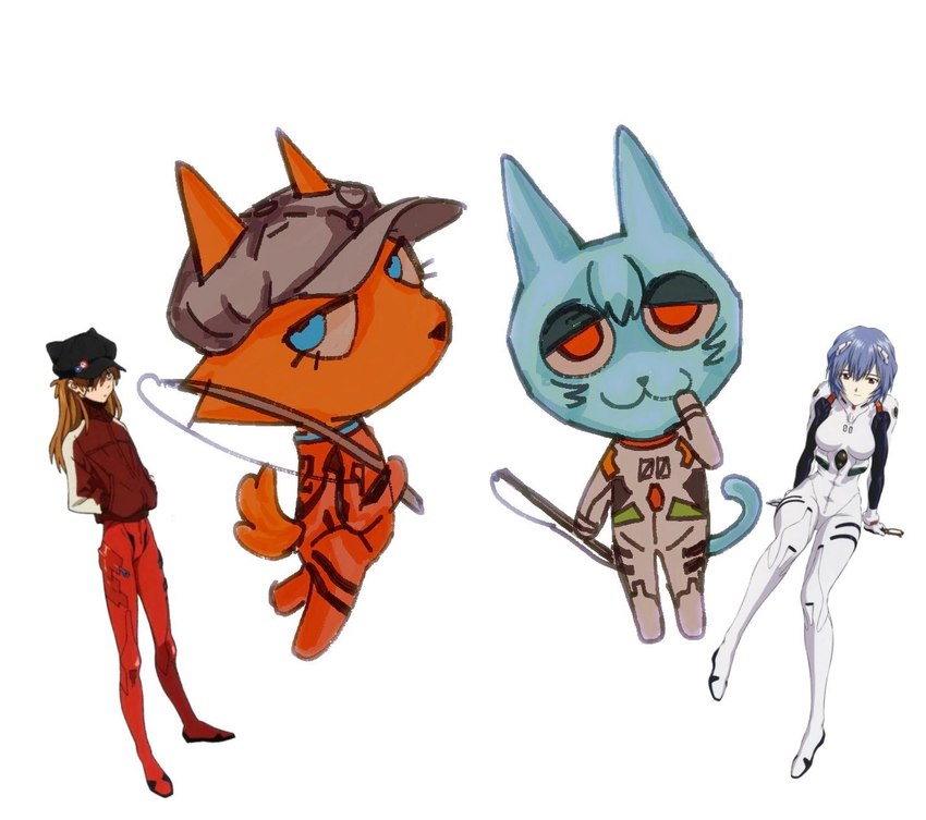 blue_eyes bodysuit clothing duo female jacket pilot_suit plugsuit red_clothing red_eyes red_jacket red_topwear simple_background skinsuit tight_clothing topwear white_background white_bodysuit white_clothing white_skinsuit clozaphim neon_genesis_evangelion webfishing asuka_langley_soryu rei_ayanami canid canine domestic_cat felid feline felis fox human mammal 2024 hi_res