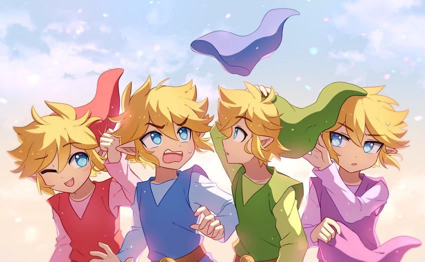 annoyed blonde_hair blue_eyes clothing group hair hat headgear headwear humanoid_pointy_ears light_body light_skin male not_furry open_mouth open_smile pointy_ears simple_background smile square_crossover entiqua four_swords nintendo the_legend_of_zelda wind_waker toon_link elf humanoid hylian hi_res