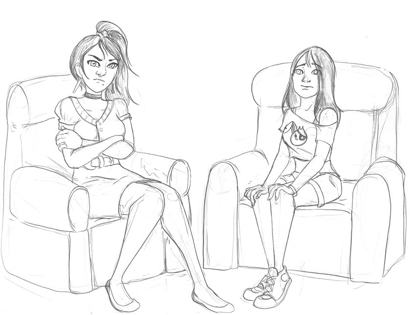 bottomwear breasts clothed clothing duo female footwear furniture hair human_only midriff not_furry shoes shorts skirt sofa arania the_cabin_in_the_woods_(arania) eveleen_(tcitw) suki_(tcitw) human mammal comic hi_res monochrome