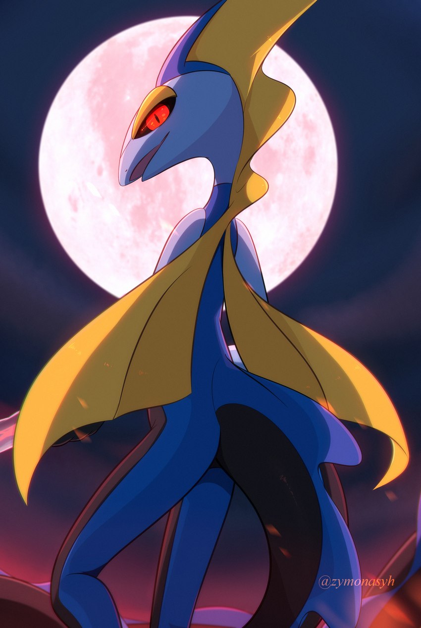 ambiguous_gender anthro blue_body frill_(anatomy) full_moon glistening glistening_eyes head_crest head_frill long_tail looking_at_viewer moon open_mouth red_eyes solo tail yellow_body zymonasyh nintendo pokemon generation_8_pokemon gigantamax_inteleon gigantamax_pokemon pokemon_(species) absurd_res hi_res watermark