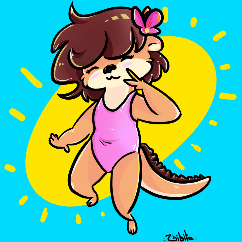 anthro blue_background blush brown_body clothing eyes_closed female hair one-piece_swimsuit simple_background smile solo swimwear zhibita mammal mustelid otter 1:1 digital_media_(artwork) signature