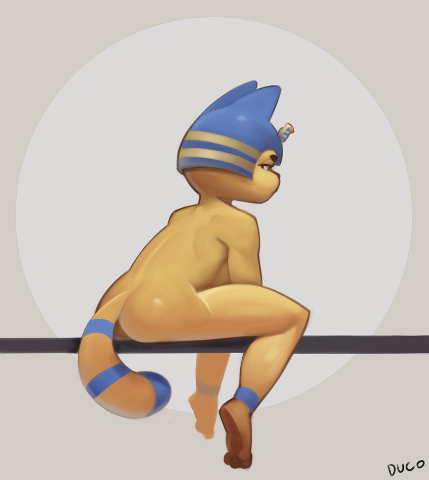 anthro blue_body blue_fur blue_hair breasts brown_eyes butt clothing egyptian egyptian_clothing egyptian_headdress eyelashes female female_anthro fur grey_background hair looking_aside looking_at_viewer markings narrowed_eyes nude nude_anthro nude_female plantigrade pose ring_(marking) ringed_tail short_hair side_view simple_background sitting solo striped_markings striped_tail stripes tail tail_markings thick_thighs three-quarter_view wide_hips yellow_body yellow_fur ducod animal_crossing nintendo ankha_(animal_crossing) domestic_cat felid feline felis mammal absurd_res full-length_portrait hi_res pinup portrait