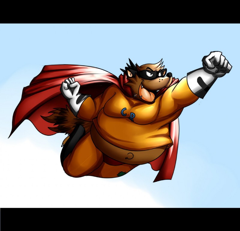 anthro belly black_bars captain_rescue clothing flying male overweight overweight_anthro overweight_male solo superhero superhero_costume darknessminotaur adventures_of_sonic_the_hedgehog sega sonic_the_hedgehog_(series) captain_rescue_(character) mammal procyonid raccoon hi_res letterbox