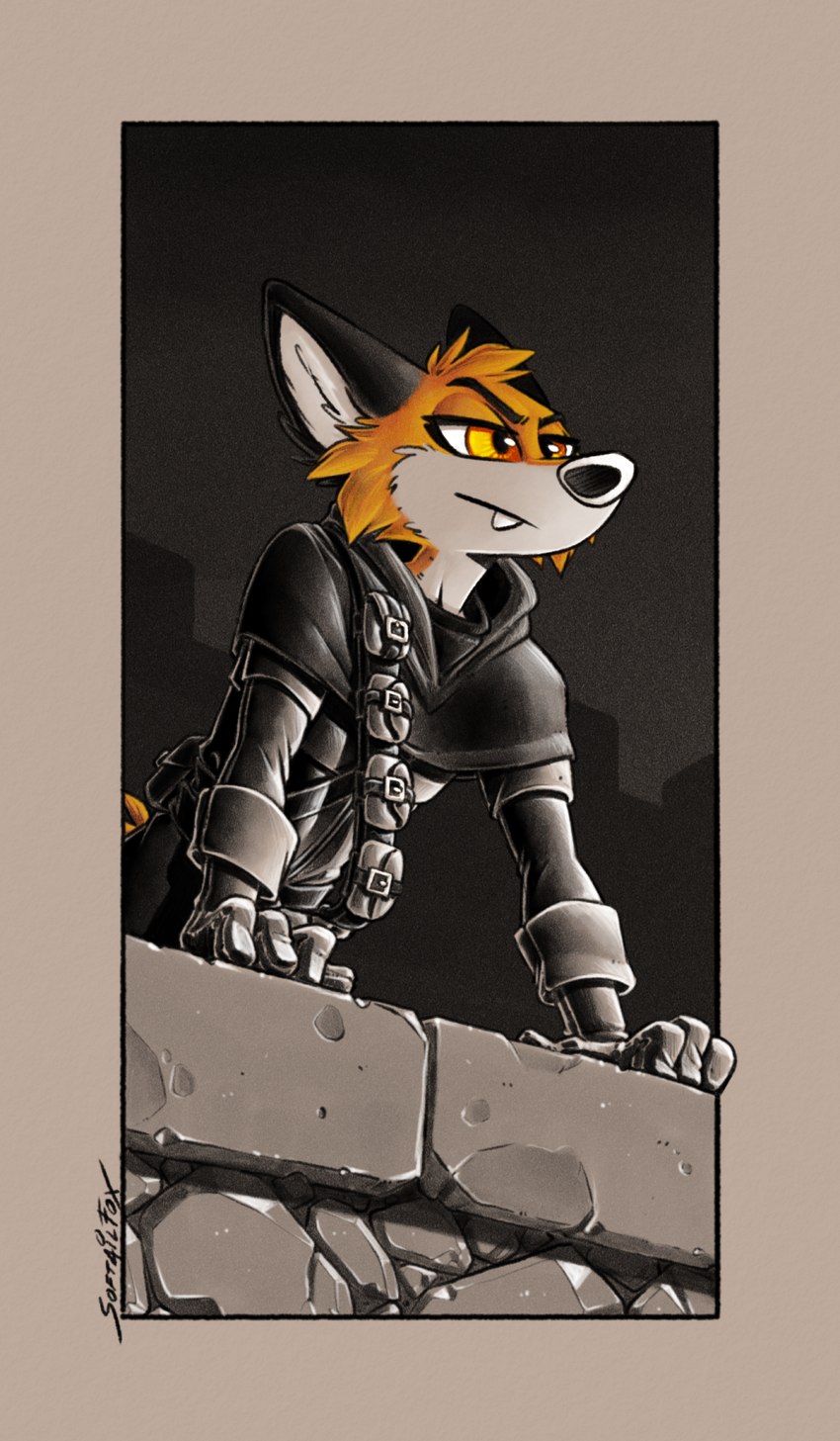 anthro castle castle_wall clothing cowl fur gloves glowing glowing_eyes handwear leaning_on_edge leather leather_clothing leather_gloves leather_handwear orange_body orange_eyes orange_fur serious_face simple_background simple_color simple_coloring simple_colors solo stone_wall wall_(structure) softailfox canid canine fox mammal red_fox true_fox black_and_white comic digital_drawing_(artwork) digital_media_(artwork) hi_res monochrome shaded simple_shading sketch spot_color