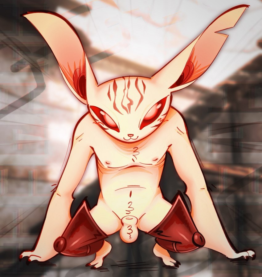 2_toes animal_genitalia anthro balls bat_ears bat_wings big_ears feet genitals looking_at_viewer male membrane_(anatomy) membranous_wings nipples nude red_eyes sheath solo toes white_body wings salamikii atlus metaphor:_refantazio sega heismay_noctule bat eugief mammal hi_res