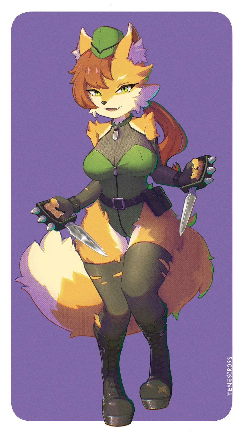 anthro belt belt_pouch boots breasts clothing dog_tags dual_wielding dual_wielding_melee_weapons female footwear hair hat headgear headwear holding_object holding_weapon knife military_cap ponytail shoes simple_background solo weapon tenescross canid canine fox mammal hi_res