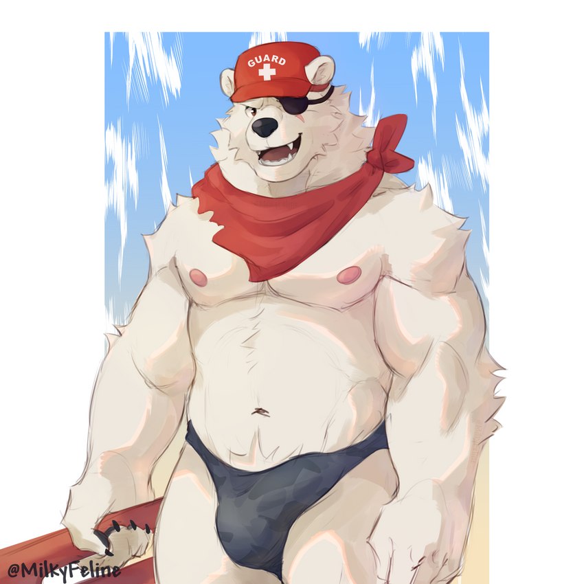 anthro bulge clothing detailed_bulge eye_patch eyewear fangs genital_outline hat headgear headwear lifeguard looking_at_viewer male musclegut muscular nipples penis_outline scarf sideways-pointing_bulge smile smiling_at_viewer solo speedo swimwear teeth coffeline epic_games fortnite polar_patroller bear mammal polar_bear ursine 1:1 hi_res