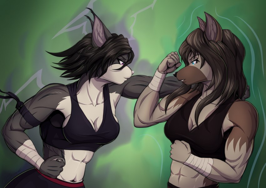 abs anthro blue_eyes brown_hair dark_hair duo eye_contact female fight gradient_background hair looking_at_another midriff muscular muscular_female purple_eyes simple_background za-owl elwyna_(za-owl) rika_(za-owl) canid canine canis domestic_cat domestic_dog felid feline felis german_shepherd herding_dog mammal pastoral_dog absurd_res hi_res