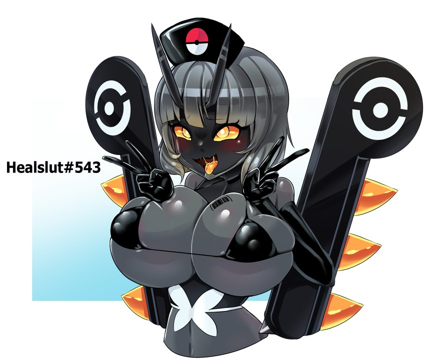 ahegao antennae_(anatomy) armwear barcode big_breasts bikini black_armwear black_bikini_top black_body black_clothing black_elbow_gloves black_gloves black_handwear black_latex breast_implants breast_squish breast_tattoo breasts clothed clothing double_v_sign elbow_gloves female gesture gloves grey_hair hair hand_gesture handwear headgear headwear huge_breasts latex latex_armwear latex_bikini latex_clothing latex_elbow_gloves latex_gloves latex_handwear looking_pleasured nipple_outline nurse_clothing nurse_headwear open_mouth orange_eyes orange_tongue pokeball_print simple_background skimpy solo squish swimwear tattoo tongue two-piece_swimsuit v_sign bimboaudino healslut nintendo pokemon generation_9_pokemon humanoid lokix pokemon_(species) pokemon_humanoid 2024 absurd_res hi_res