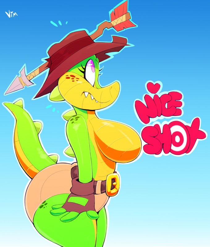 anthro arrow_(weapon) australian belt bottomwear breasts clothed clothing female fingerless_gloves gloves handwear hat headgear headwear heart_symbol non-mammal_breasts ranged_weapon shorts side_boob solo text topless weapon vimhomeless sydney_swamp_(vimhomeless) crocodile crocodilian reptile scalie 2017 absurd_res english_text hi_res