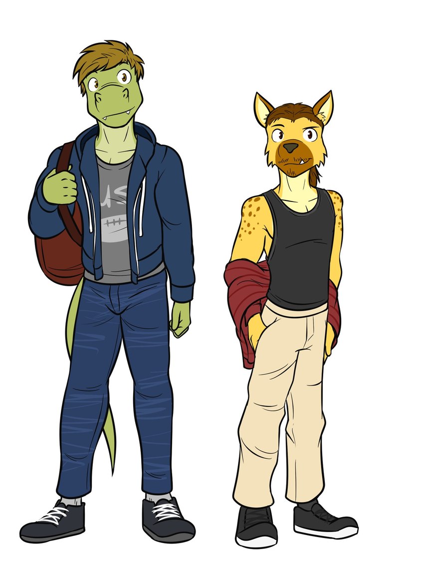 anthro bottomwear clothed clothing denim denim_bottomwear denim_clothing duo footwear fully_clothed hoodie jeans male pants shirt shoes simple_background tank_top topwear white_background fuze fuzeyeen gabriel_(fuze) alligator alligatorid crocodilian hyena mammal reptile scalie spotted_hyena 3:4 full-length_portrait hi_res portrait