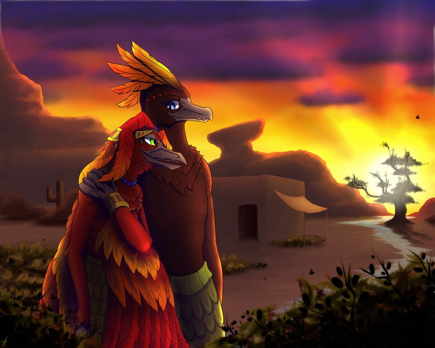 anthro building clothed clothing desert duo feather_hair feathers female garden house male male/female mesopotamia outside plant pseudo_hair romantic romantic_couple scenery skirts sumerian sunset topless topless_female topless_male neonneodragon european_mythology greek_mythology mythology anunit ekur avian bird mythological_avian mythological_bird mythological_creature mythological_firebird phoenix 5:4