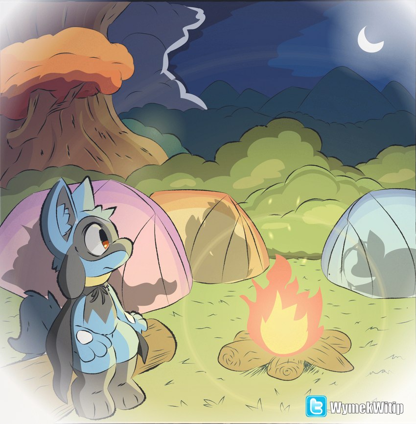 anthro blue_body brown_eyes campfire cape clothing cloud eyebrows fire fur glowing grass log male moon mouth_closed night outside plant shrub silhouette sitting sky solo tail tent text tree twitter_logo white_sclera white_text wood wymek nintendo pokemon twitter generation_4_pokemon pokemon_(species) riolu 2023 artist_name digital_media_(artwork) english_text hi_res