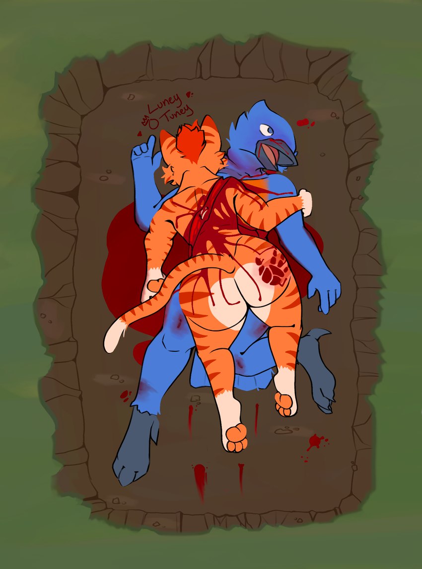 anthro ass_up big_butt blood blood_pool bodily_fluids broken_neck bruised butt death double_kill duo gore grave hand_print hand_print_on_butt laying_on_another lying male male/male male_death nosebleed nude nude_anthro on_back on_front snuff spine wound_on_back wounded luneytuney harper_(waynebraintrain) neptune_mereaux avian bird bluebird eastern_bluebird felid feline mammal oscine passerine thrush_(bird) hi_res