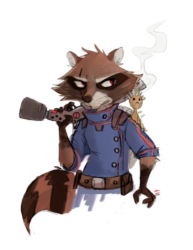 anthro clothed clothing duo fur gun male plant ranged_weapon simple_background weapon white_background crayonbot guardians_of_the_galaxy marvel groot rocket_raccoon elemental_creature flora_colossus flora_fauna mammal procyonid raccoon 2016 hi_res