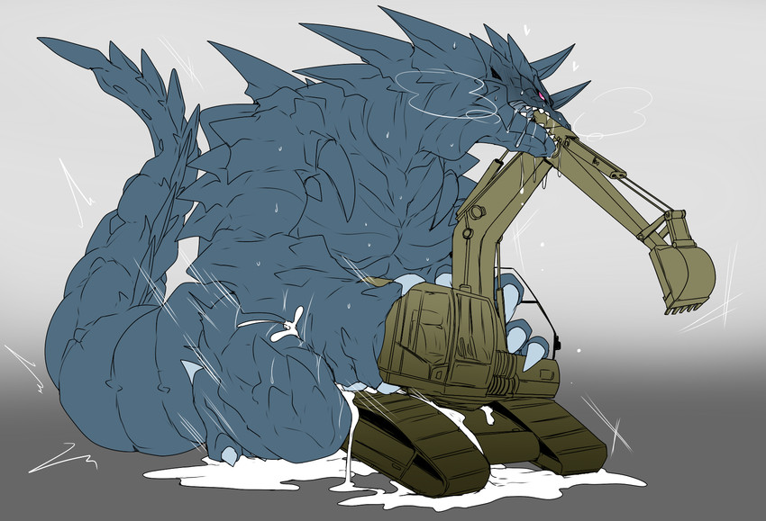 ambiguous_penetration anthro bite bodily_fluids breath claws dragons_fucking_cars excavator grey_background heart_symbol kneeling male mechanophilia messy penetration purple_eyes simple_background solo sweat tail toe_claws vehicle clawlion kaiju hi_res