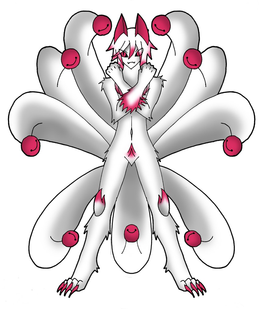 anthro arm_tuft bell black_sclera chest_tuft claws crossed_arms crotch_tuft featureless_crotch fur hair jingle_bell knee_tuft leg_tuft long_claws looking_at_viewer male multi_tail nude pink_body pink_claws pink_eyes pink_fur pink_hair short_hair simple_background solo tail tuft white_background white_body white_fur white_hair nikku_lunatique asian_mythology east_asian_mythology mythology nikku_lunatique_(character) canid canine canis fox fox_spirit mammal hi_res