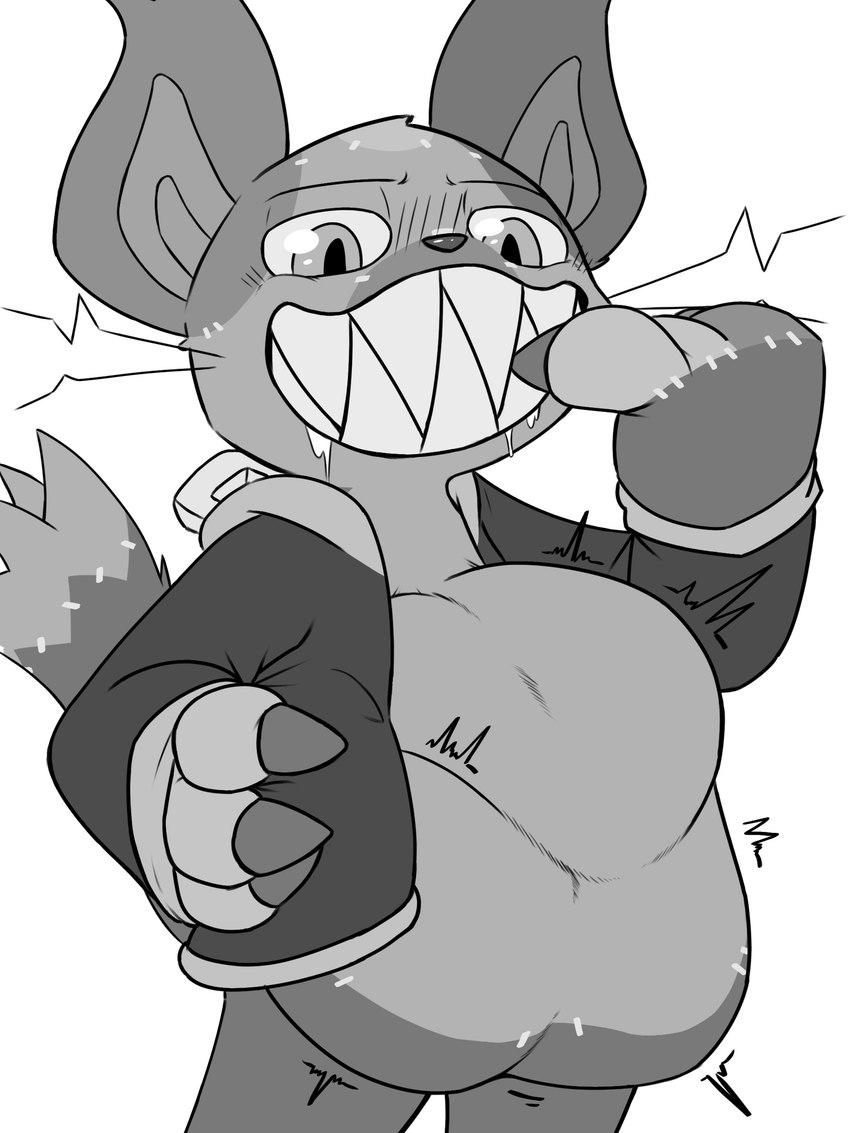 3_claws 3_fingers ambiguous_gender ambiguous_pred ambiguous_prey anthro anthro_pred back_zipper belly belly_squish big_belly big_mouth_(anatomy) big_teeth bodily_fluids bottomless claws clothed clothed_ambiguous clothed_anthro clothing countershade_belly countershading dipstick_tail drooling ears_up finger_claws fingers fully_inside glistening glistening_eyes huge_belly jacket jacket_only larger_ambiguous larger_pred looking_at_viewer looking_down looking_down_at_viewer markings monotone_background motion_lines narrowed_eyes oral_vore partially_clothed partially_clothed_ambiguous partially_clothed_anthro picking_teeth plushie pupils saliva seam_(sewing) sharp_teeth simple_background size_difference smaller_ambiguous smaller_prey soft_vore solo squish standing stitch_(sewing) tail tail_markings teeth toothy_grin topwear topwear_only unseen_prey vore whiskers white_background zipper raftail marlowe_(tobymon) animate_inanimate living_plushie 2024 3:4 absurd_res digital_drawing_(artwork) digital_media_(artwork) english_description greyscale hi_res monochrome portrait three-quarter_portrait