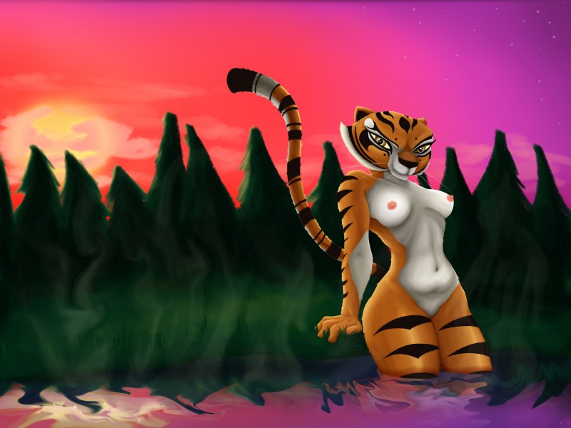 anthro breasts detailed_background female fur hot_spring looking_at_viewer navel nude outside skinny_dipping solo stripes sunset water white_body white_fur astraldog dreamworks kung_fu_panda master_tigress felid mammal pantherine tiger 4:3 hi_res