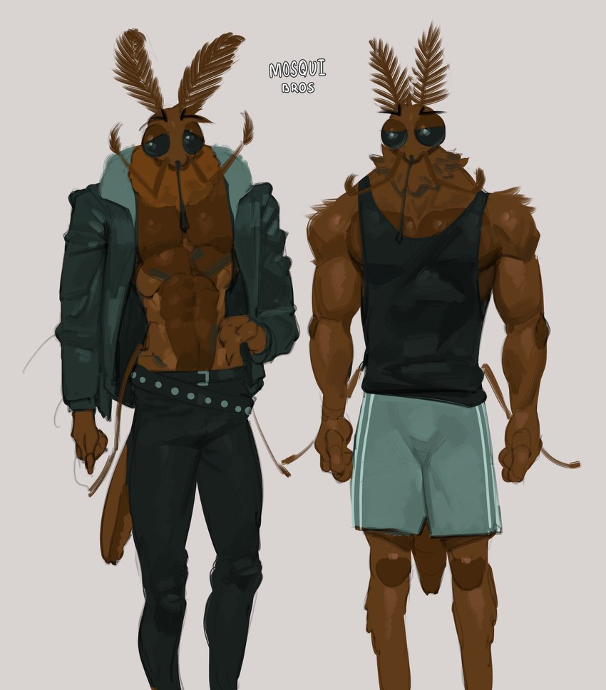3_fingers abs antennae_(anatomy) anthro athletic_wear belt biceps black_belt black_bottomwear black_clothing black_eyebrows black_eyes black_jacket black_jeans black_pants black_shirt black_tank_top black_topwear bottomwear brown_antennae brown_body brown_exoskeleton clothed clothed_anthro clothed_male clothing deltoids denim denim_bottomwear denim_clothing duo empty_eyes exoskeleton eyebrows featureless_chest fingers front_view grey_background grey_bottomwear grey_clothing grey_jacket grey_shorts grey_topwear gym_bottomwear gym_shorts half-closed_eyes invertebrate_proboscis jacket jeans long_sleeves male male_anthro multicolored_bottomwear multicolored_clothing multicolored_shorts multicolored_topwear muscular muscular_anthro muscular_male narrowed_eyes obliques open_clothing open_jacket open_topwear pants pecs proboscis_(anatomy) shirt shirtless shirtless_anthro shirtless_male shorts simple_background standing tank_top text topwear two_tone_bottomwear two_tone_clothing two_tone_jacket two_tone_shorts two_tone_topwear white_bottomwear white_clothing white_shorts white_text kogito arthropod fly_(animal) insect mosquito 2025 absurd_res english_text hi_res