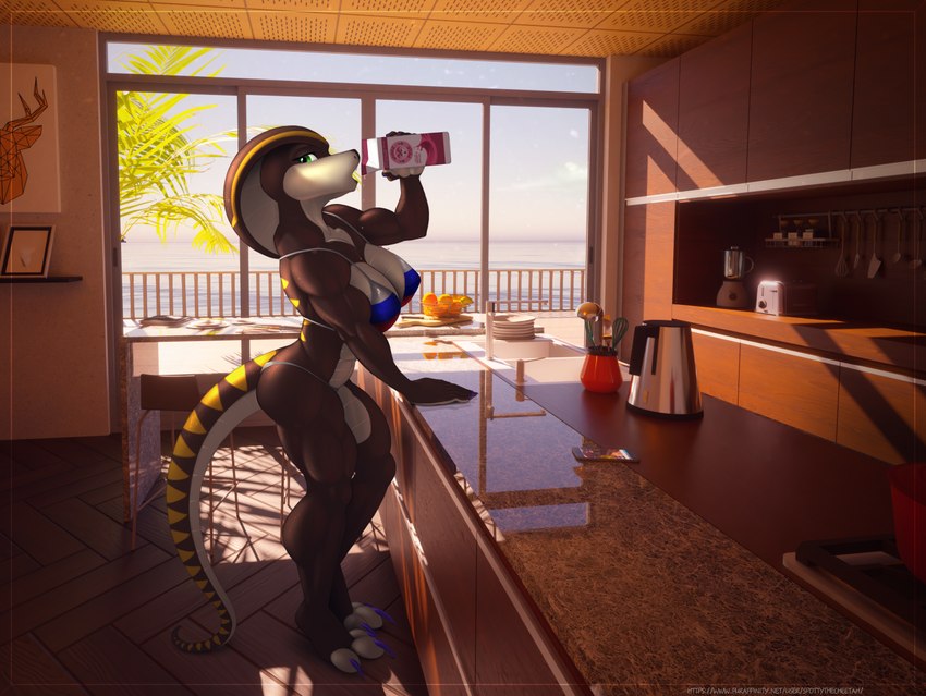 3d_background anthro bikini breasts brown_body brown_scales claws clothed clothing female kitchen looking_at_viewer milk_carton muscular muscular_anthro muscular_female non-mammal_breasts purple_claws reflection scales solo standing swimwear tail toe_claws two-piece_swimsuit spotty_the_cheetah shandi cobra reptile scalie snake