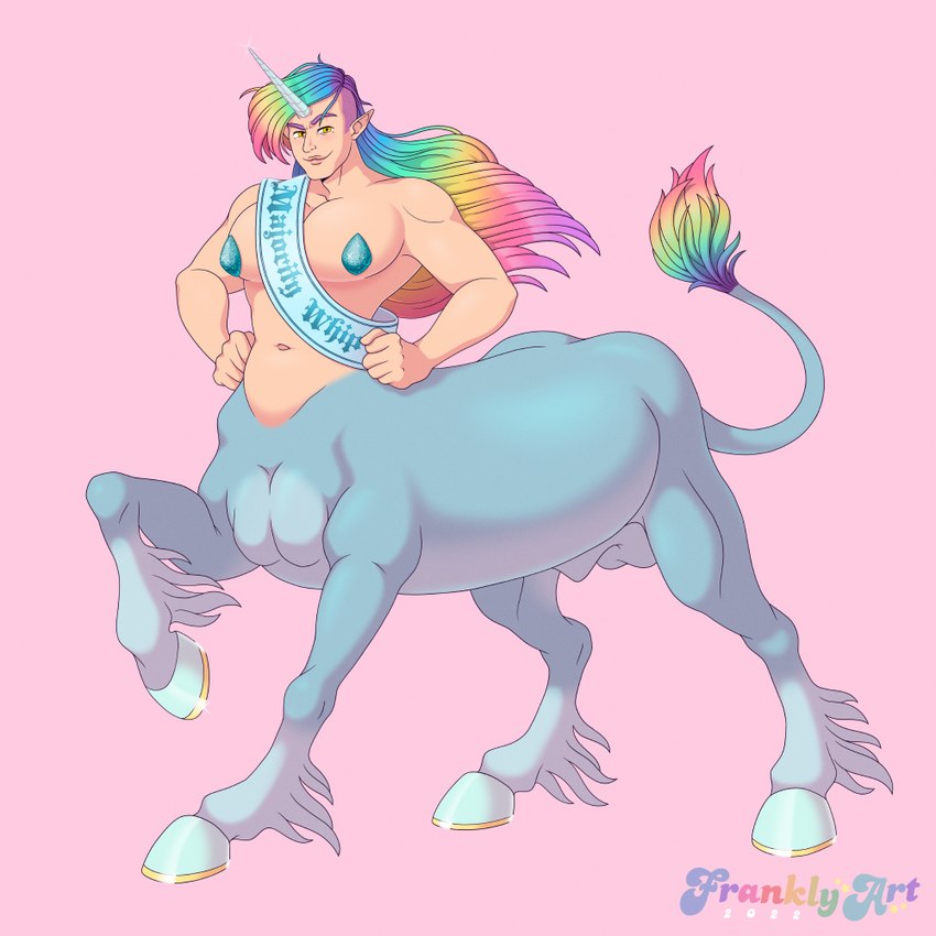 balls big_pecs fetlocks genitals gold_horseshoe hair hands_on_hips hooves horn male multicolored_hair multicolored_tail muscular muscular_male navel pasties pecs pink_background rainbow rainbow_hair rainbow_tail rainbow_tail_tuft sash simple_background slightly_chubby smile solo tail tail_tuft tuft unicorn_horn frankly-art european_mythology greek_mythology mythology centaur equid equid_taur equine humanoid humanoid_taur mammal mammal_taur mythological_creature mythological_equine taur unicorn unicorn_taur 1:1