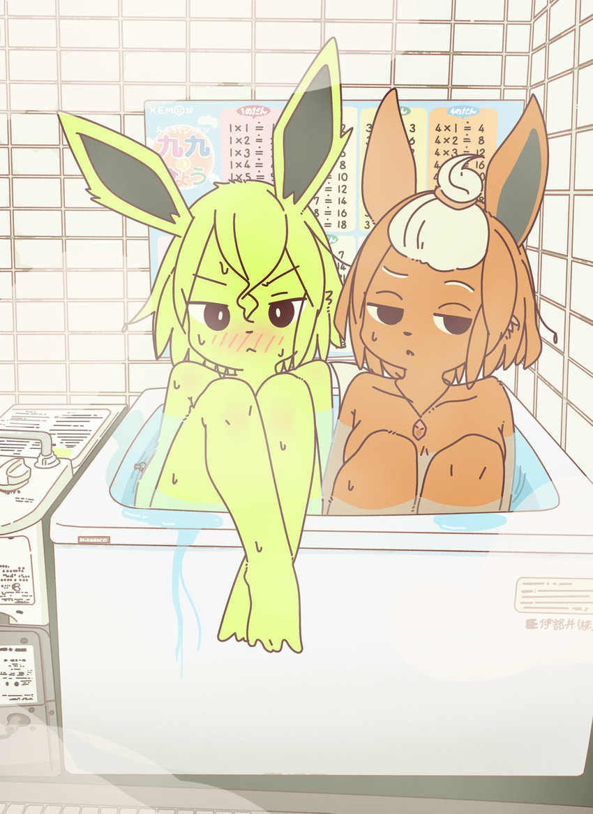 accessory anthro arms_by_side arms_in_water bathing bathtub bent_legs blonde_hair blush bodily_fluids breasts crossed_feet duo feet feet_over_edge female fur hair hair_accessory hairband half-closed_eyes heat_(temperature) jewelry kemono knees_out_of_water knees_pulled_up knock-kneed legs_out legs_out_of_water legs_together legs_up math multiplication_(math) multiplication_table multiplier narrowed_eyes necklace nude number orange_body orange_fur orange_hair over_edge partially_submerged planted_legs pouting sauna spread_toes steam straight_arms sunken_seat sweat tan_hair text tile tile_wall toes up_and_over wall_(structure) water wet yellow_body yellow_fur mikeyama nintendo pokemon eeveelution flareon generation_1_pokemon jolteon mammal pokemon_(species) hi_res japanese_text