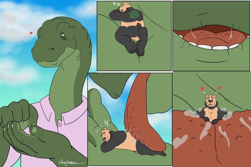 age_difference anthro duo female male male/male mature_male older_female oral_vore tongue_love tongue_play tongue_worship vore aker guishadow rouen_(blazingfrostwolf) rouenalmer bear brachiosaurid brachiosaurus dinosaur mammal prehistoric_species reptile sauropod sauropodomorph scalie 3:2 hi_res