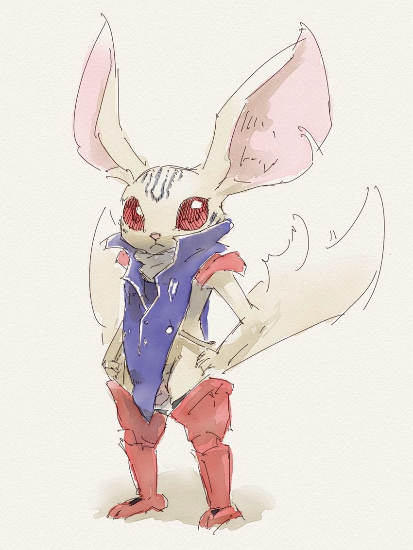 anthro balls boots bottomless bottomless_male clothed clothing flaccid footwear fur genitals long_ears male penis poncho red_eyes shoes solo white_body white_fur wings apluss metaphor:_refantazio heismay_noctule bat eugief mammal hi_res