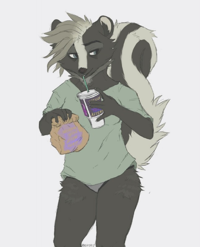 anthro bag beverage black_nose blue_eyes breasts clothing female fluffy fur hair long_tail nails panties shirt short_hair simple_background solo t-shirt tail topwear underwear white_background white_hair kasperroni taco_bell marie_westluck mammal mephitid skunk 2017