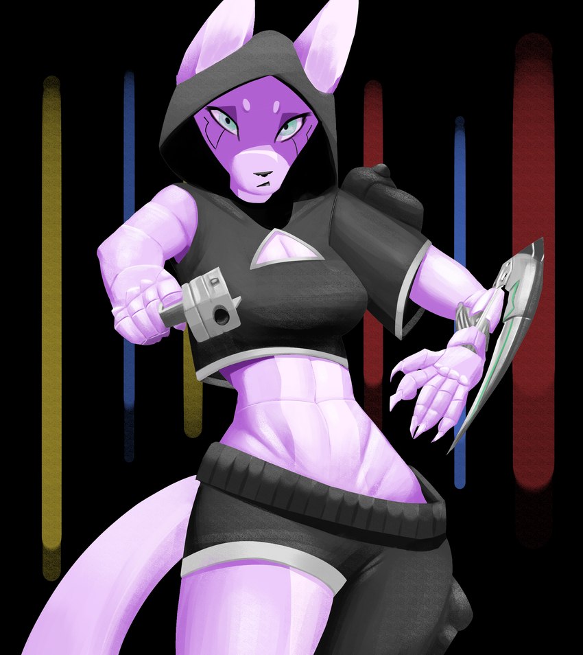 anthro blade cleavage_cutout clothing cutout cyberpunk female hooded hoodie looking_at_viewer midriff narrowed_eyes solo squint tail topwear banne animal_humanoid canid canid_humanoid canine canine_humanoid fox fox_humanoid humanoid mammal mammal_humanoid absurd_res hi_res